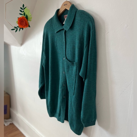 EUC VTG 80s Levanté Teal Lambswool Sweater dress cardigan shoulder pads WARM - Picture 2 of 16